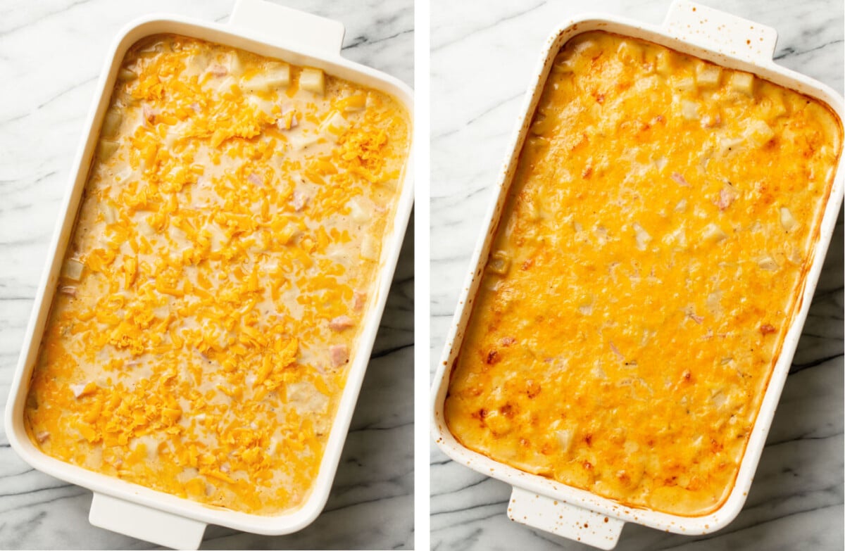 cheesy ham and potato casserole before and after baking