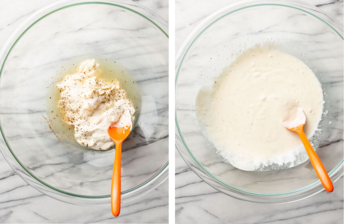 mixing creamy lime dressing for jalapeno slaw in a prep bowl