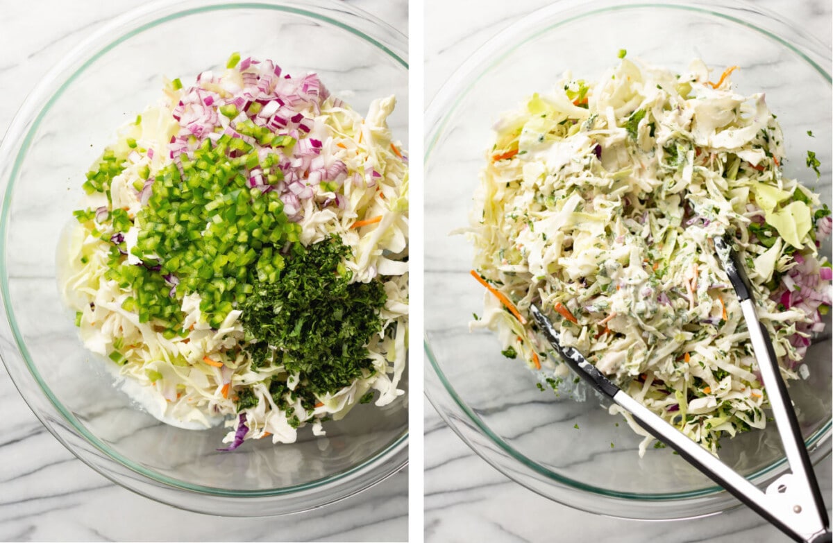 a bowl with jalapeno slaw before and after tossing