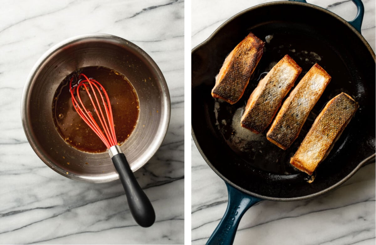 whisking sauce for maple glazed salmon in a bowl and pan frying salmon in a skillet