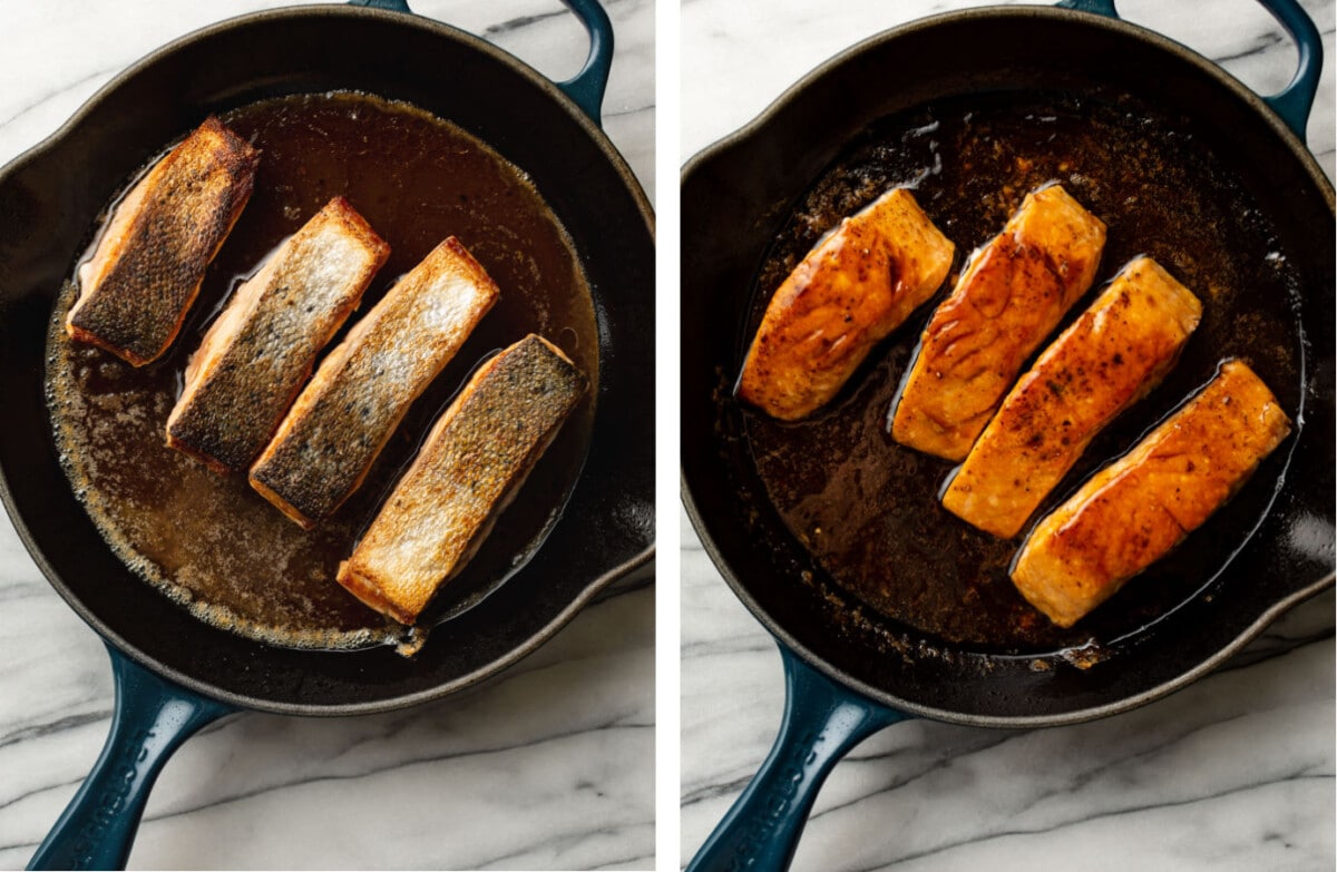 maple glazed salmon in a skillet before and after cooking