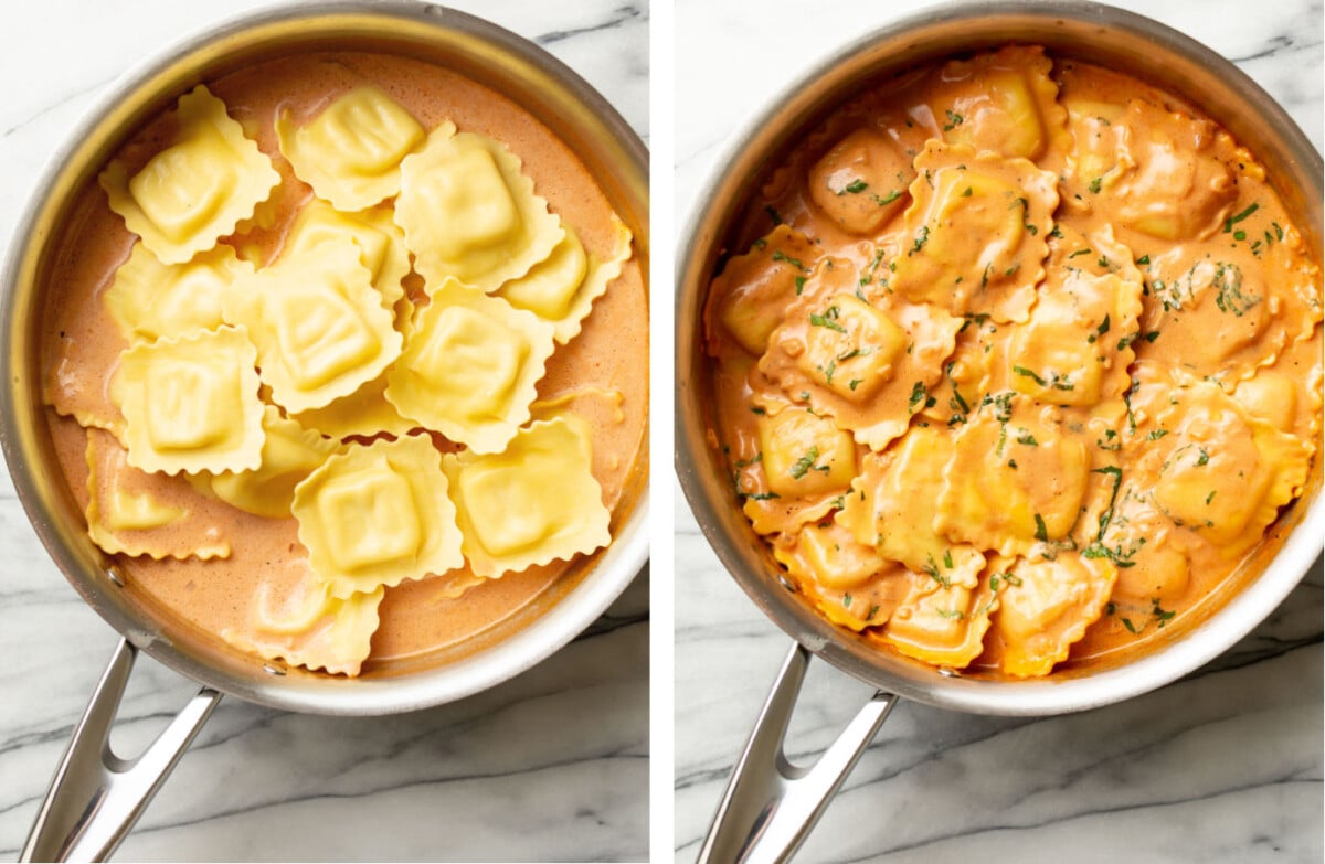 adding ravioli to a skillet with vodka sauce and simmering