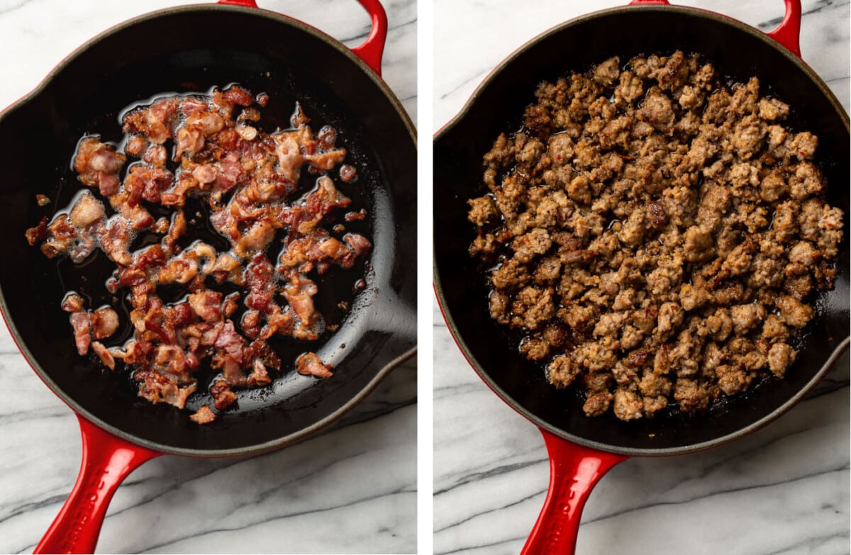 frying bacon and italian sausage in a skillet