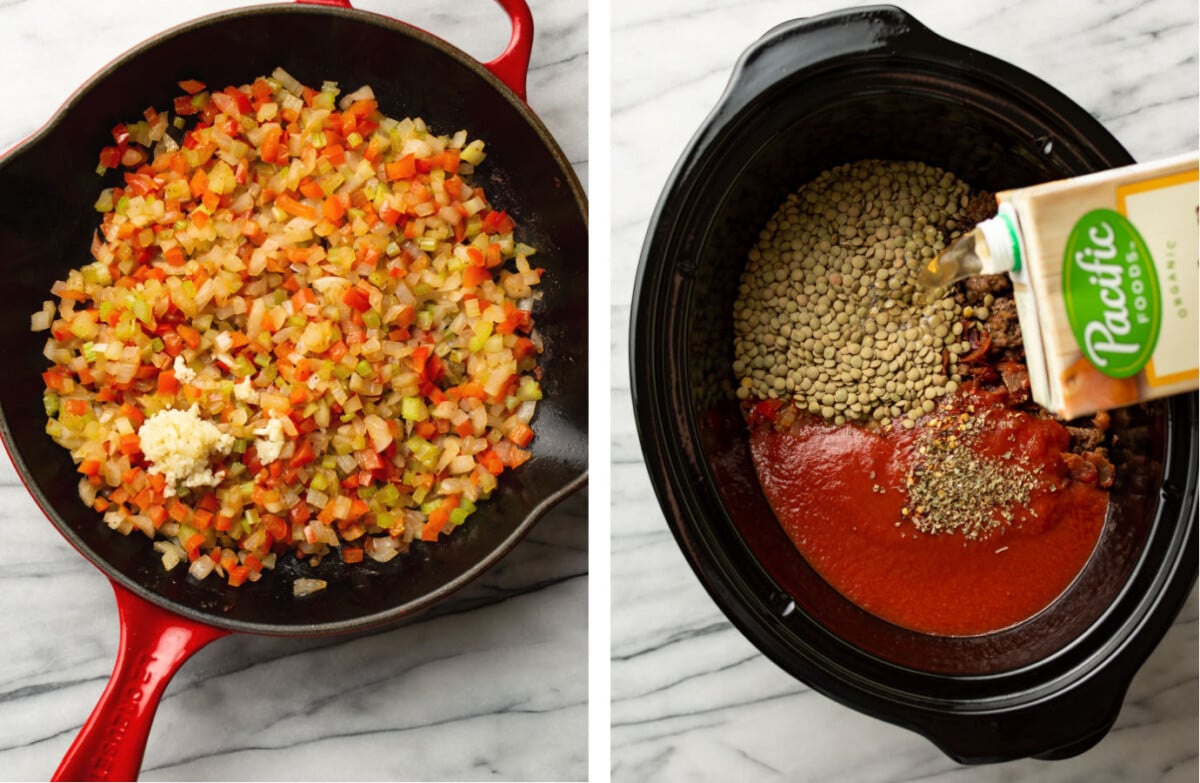 sauteing aromatics in a skillet and adding other ingredients to a slow cooker for sausage lentil soup