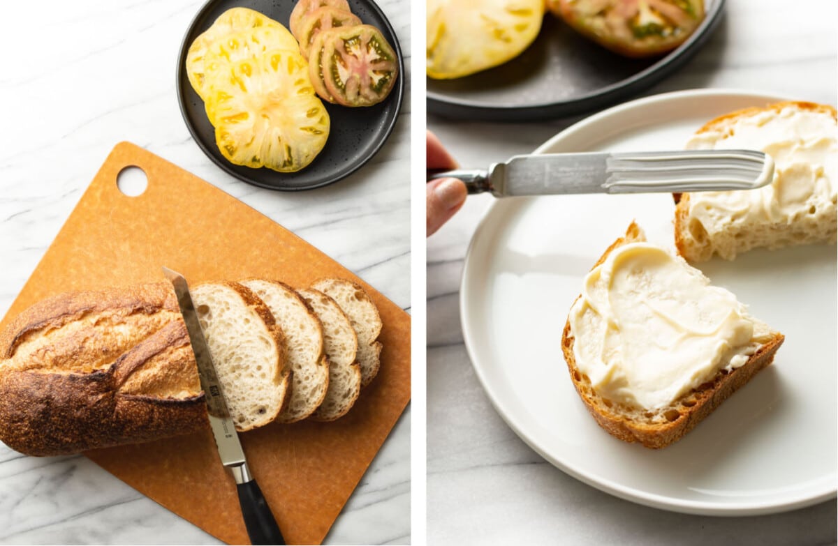 slicing bread on a cutting board for tomato sandwiches and spreading mayo on a slice