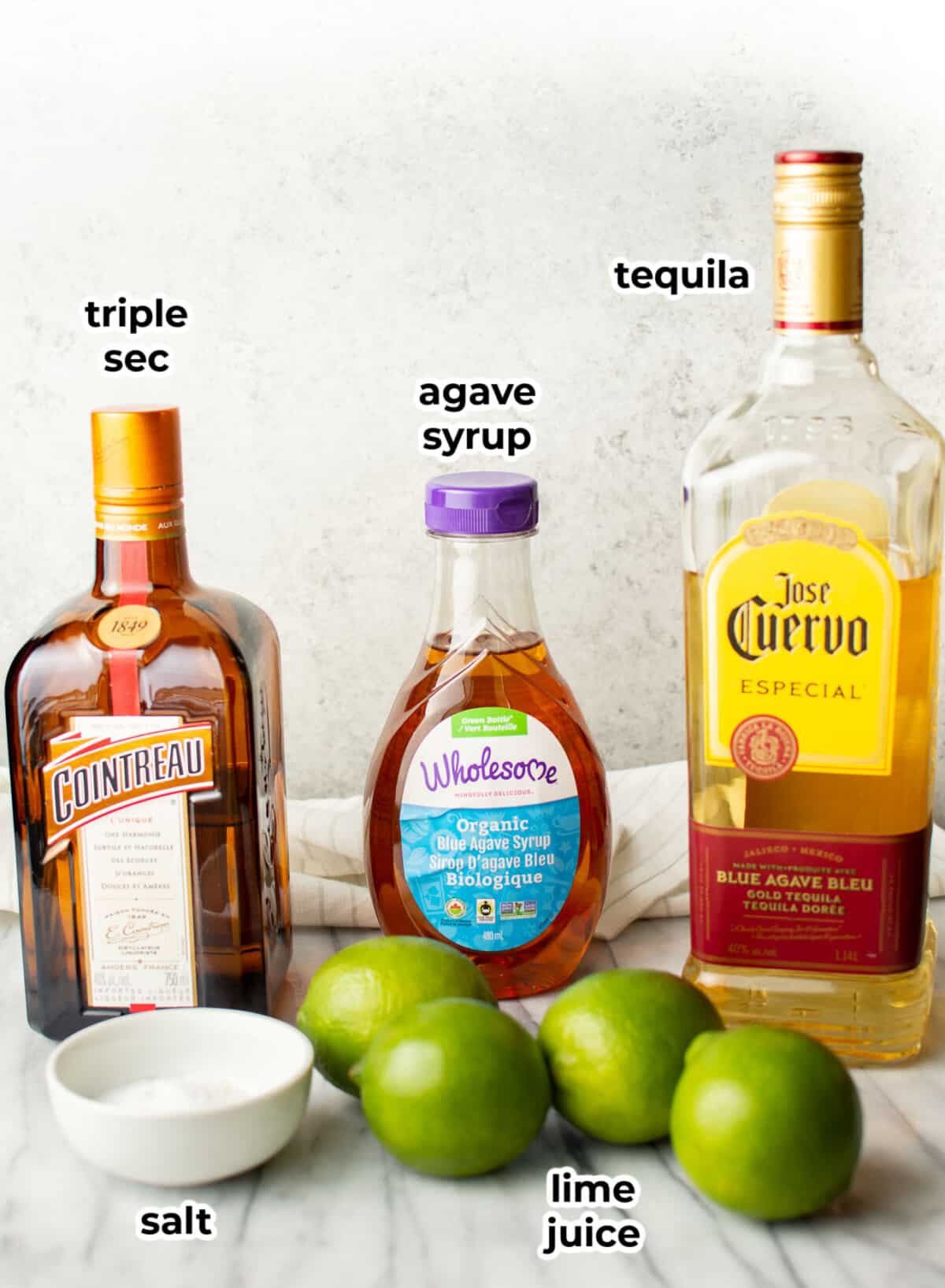 ingredients for margaritas on a countertop