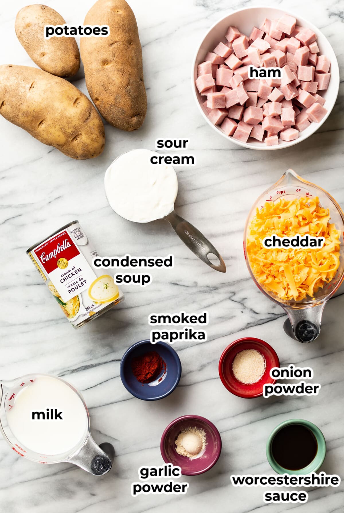 ingredients for ham and potato casserole in prep bowls