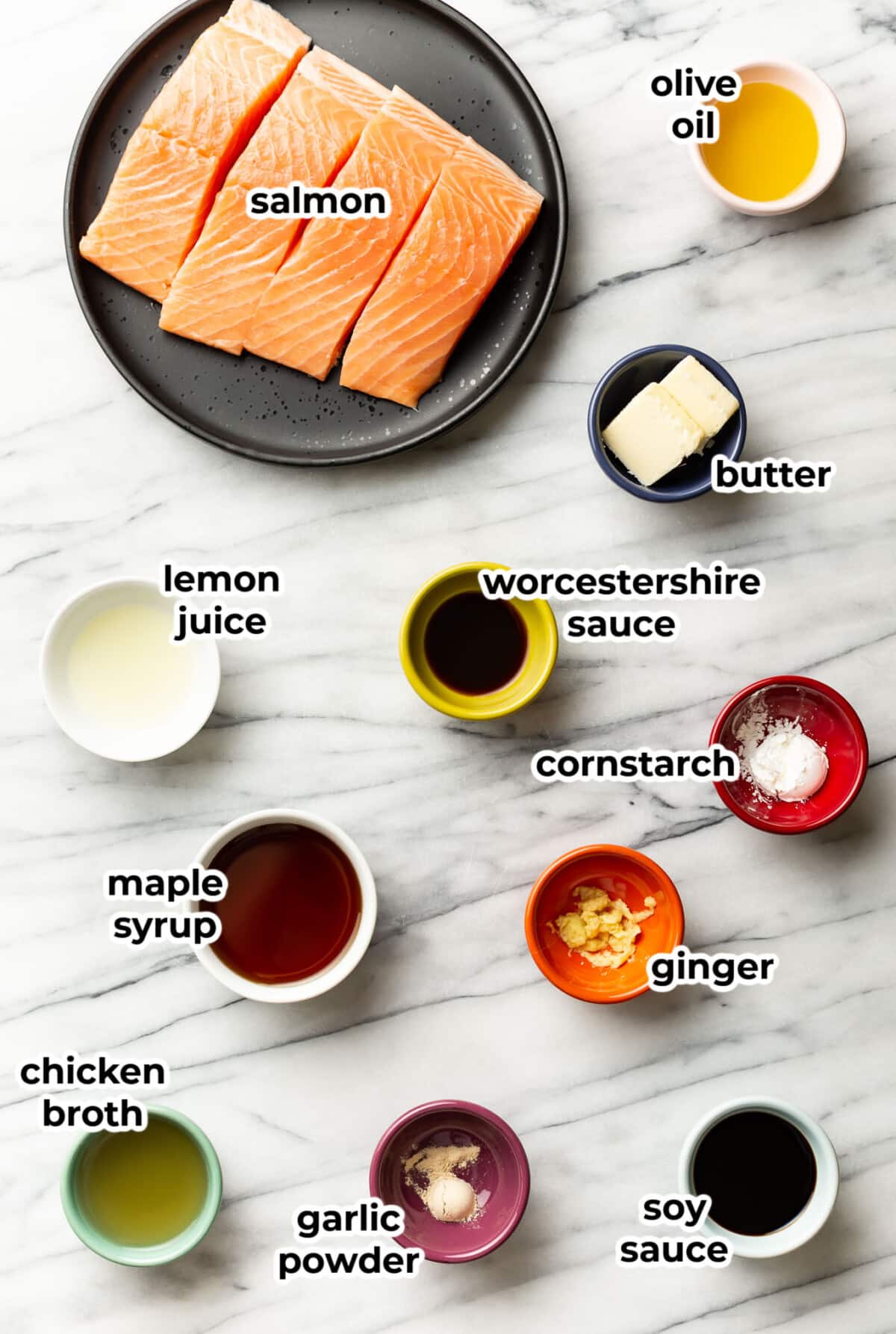 ingredients for maple glazed salmon in prep bowls