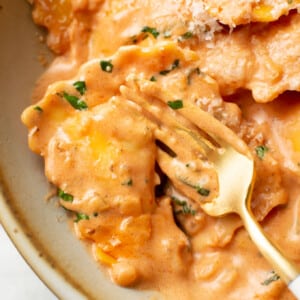 closeup of a bowl of ravioli alla vodka with a fork