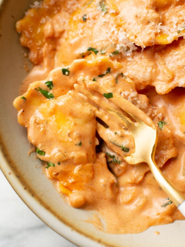 closeup of a bowl of ravioli alla vodka with a fork