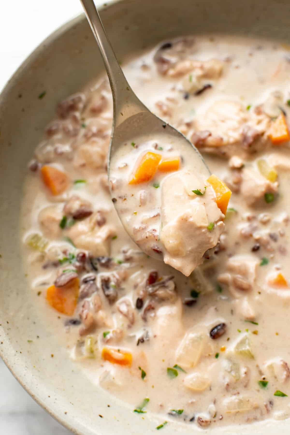 a bowl of chicken and wild rice soup with a spoon