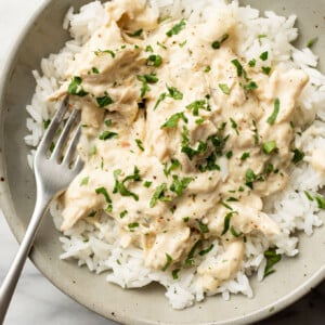 a bowl of crockpot italian chicken over rice with a fork