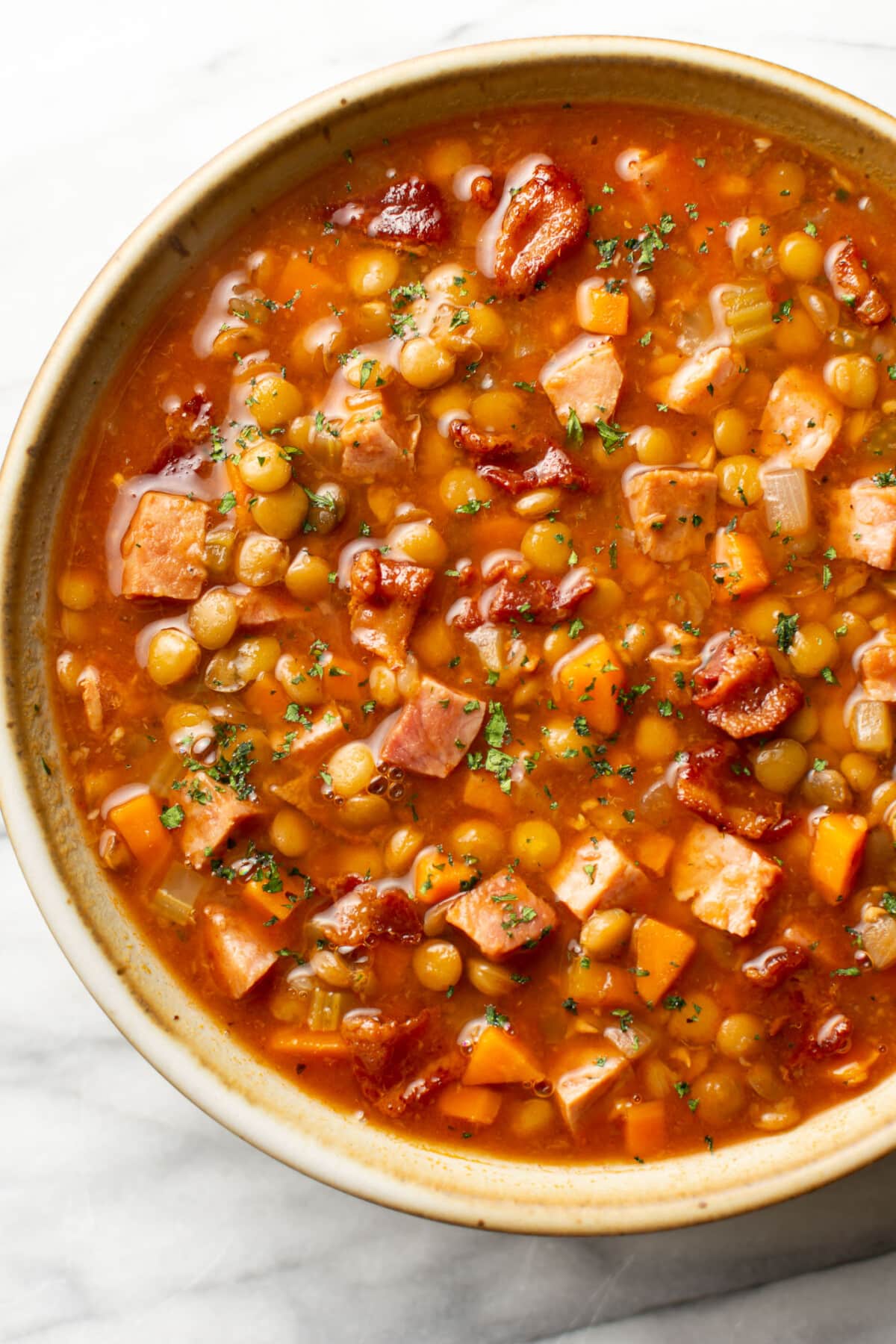 a bowl of ham and lentil soup