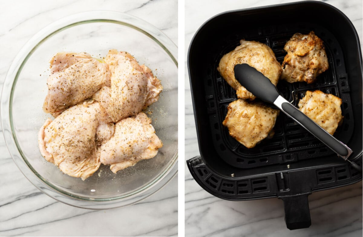 adding seasoning rub to a prep bowl with chicken thighs and cooking in an air fryer