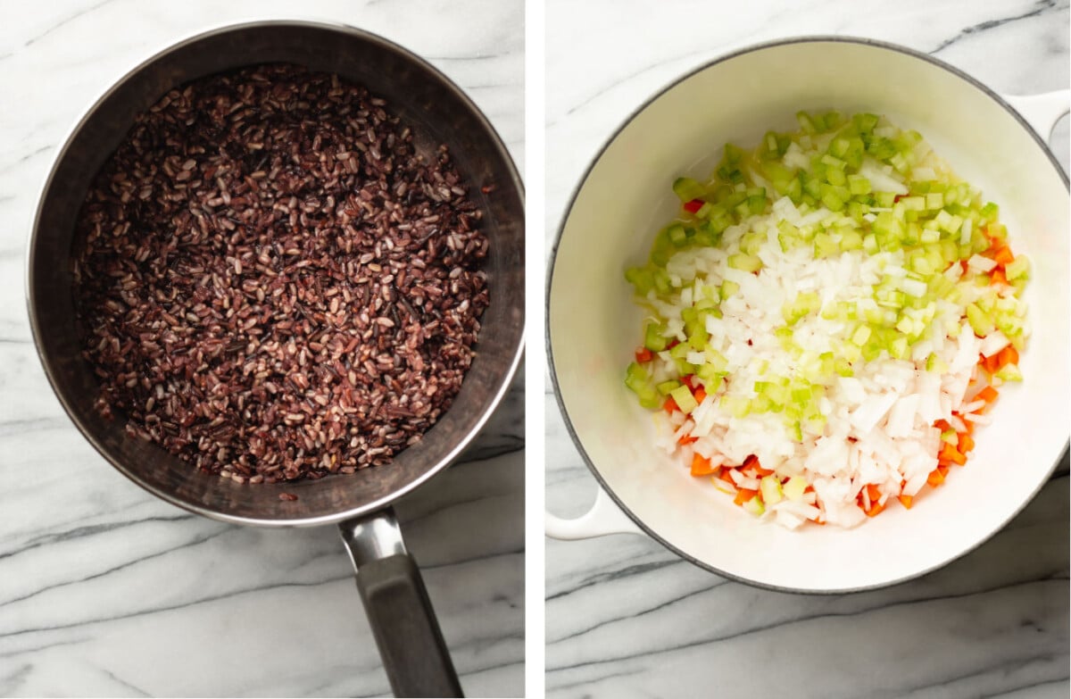 cooking wild rice in a pan and cooking mirepoix in a dutch oven