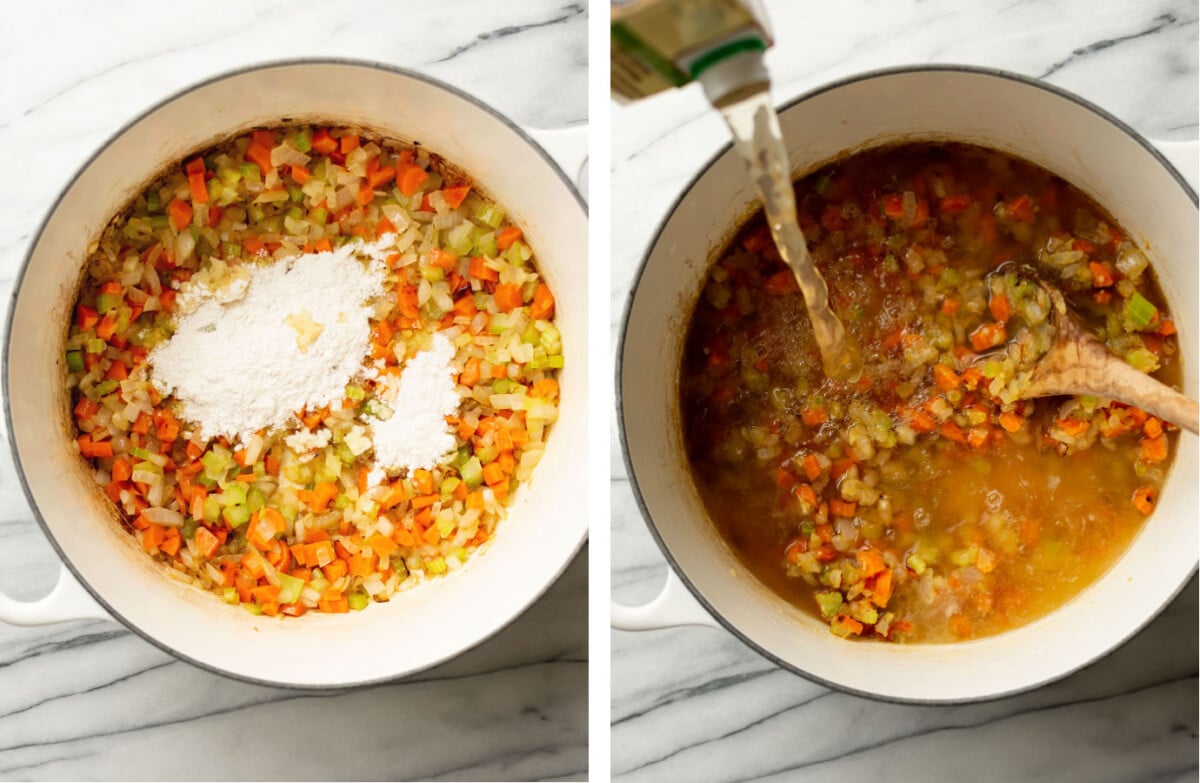 adding flour and pouring chicken broth into a dutch oven