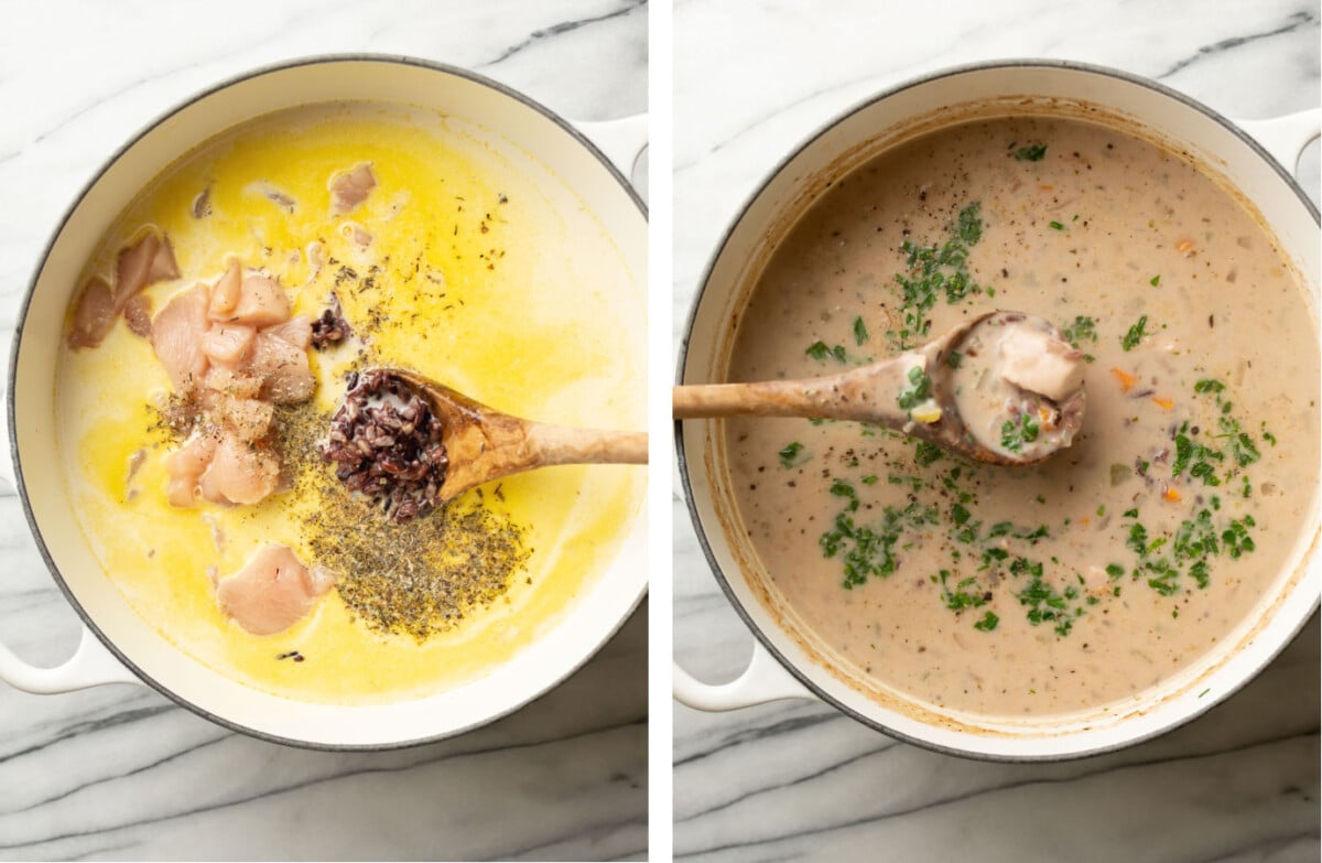 chicken and wild rice soup before and after cooking