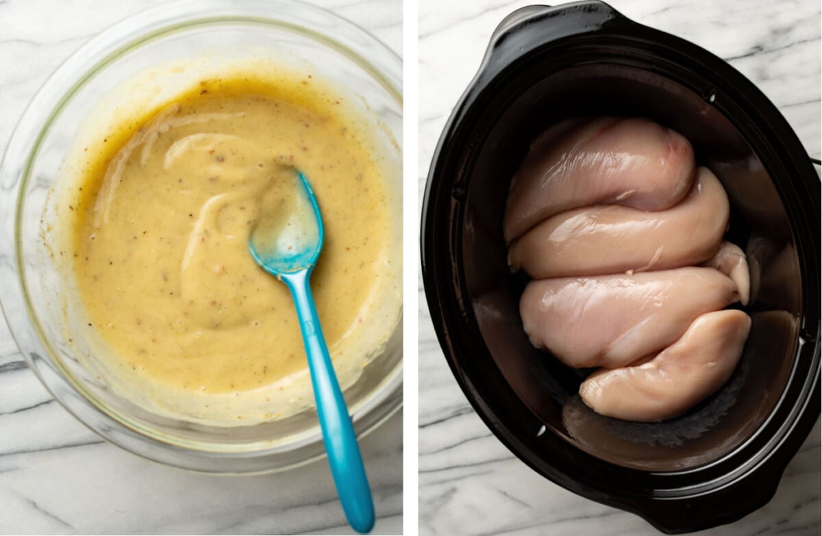 mixing sauce ingredients in a prep bowl and adding chicken breasts to a crockpot