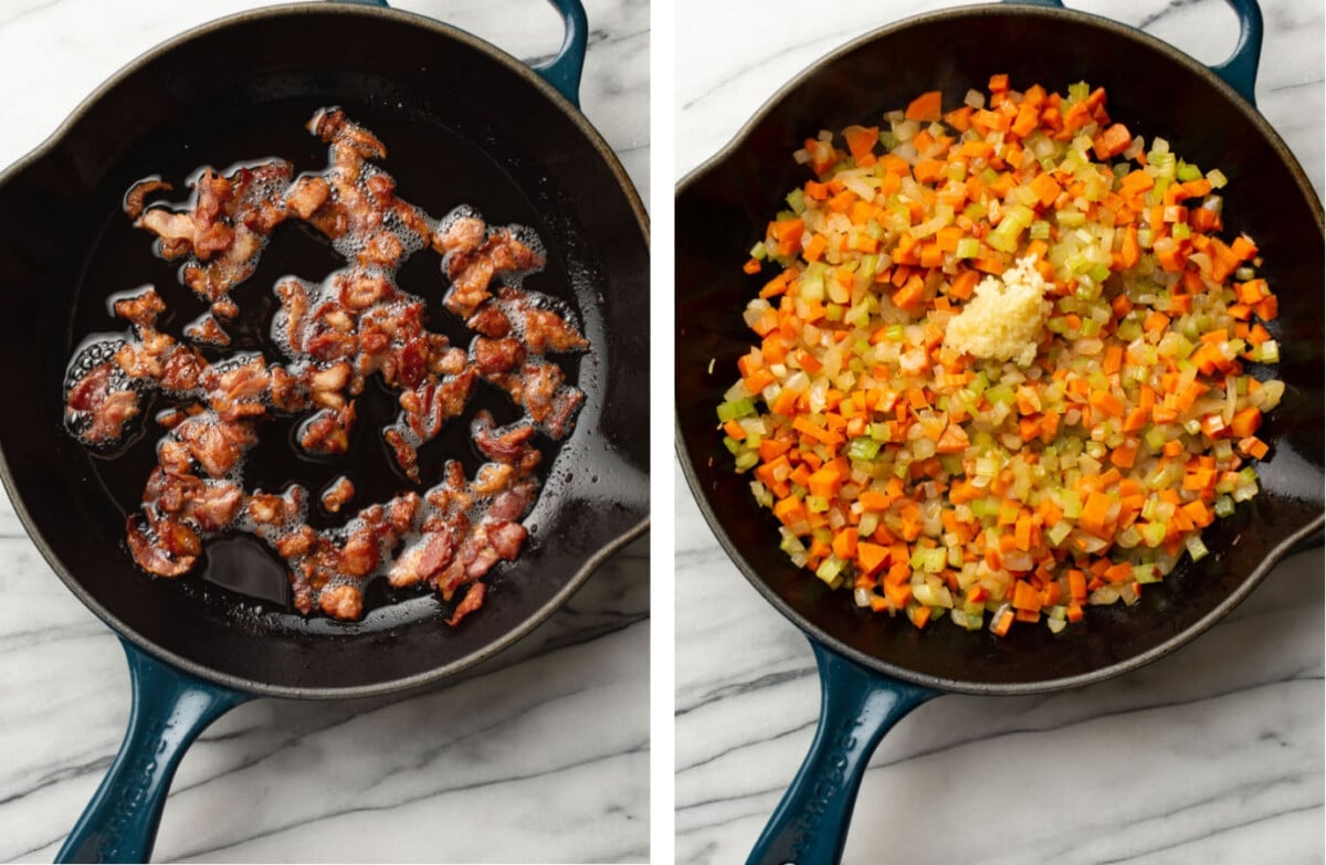 frying bacon in a skillet and then sauteing aromatics