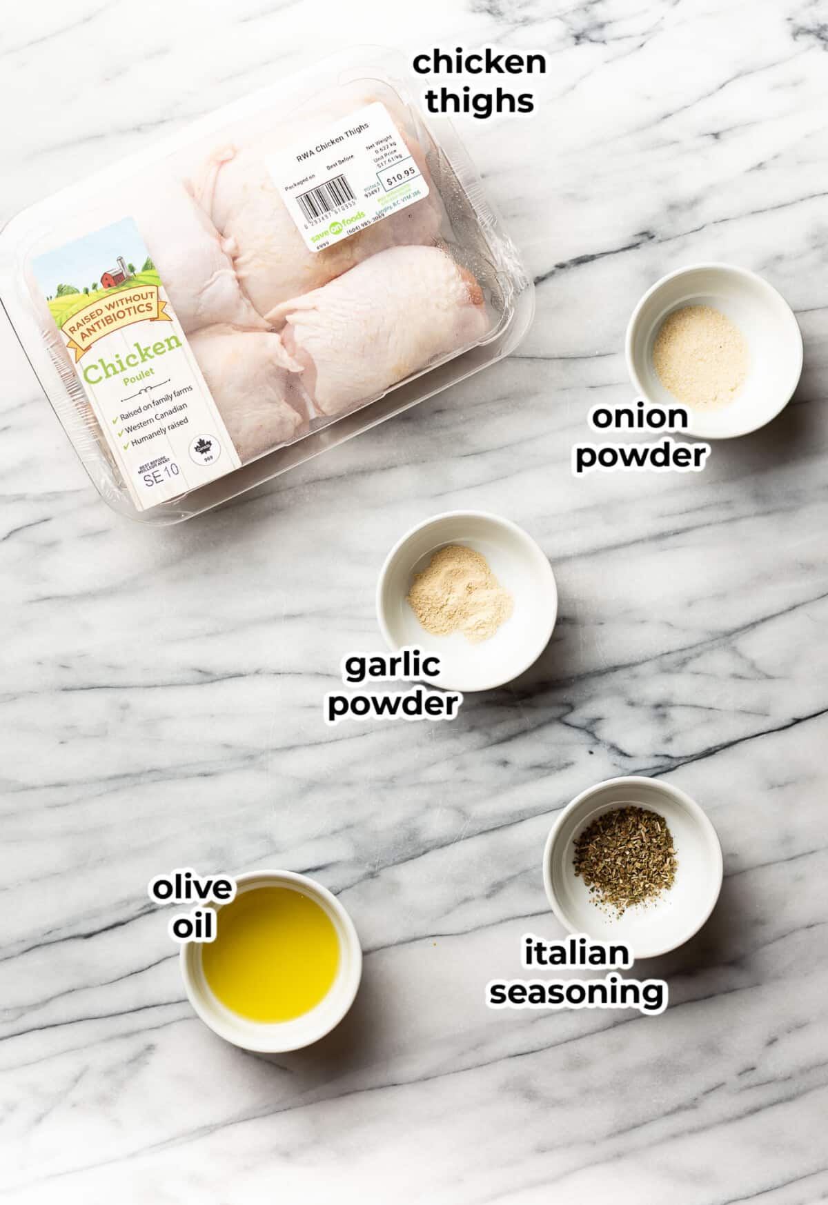 ingredients for air fryer chicken thighs in prep bowls