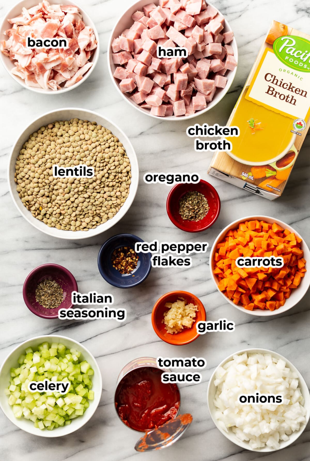 ingredients for ham and lentil soup in prep bowls