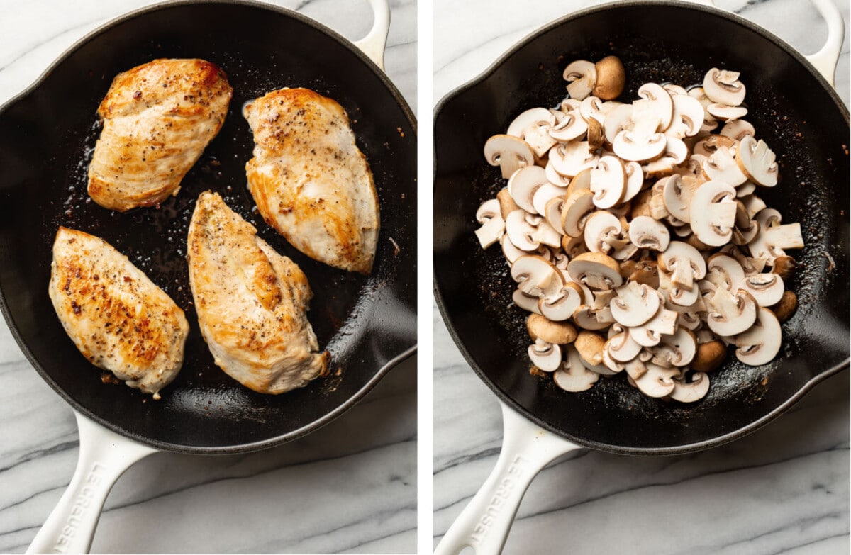 pan frying chicken in a skillet and sauteing mushrooms