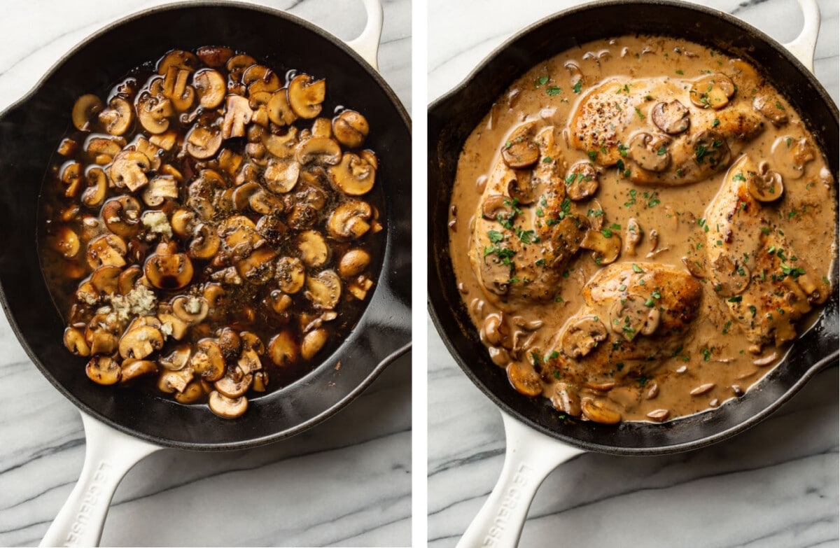 making balsamic sauce in a skillet and adding chicken