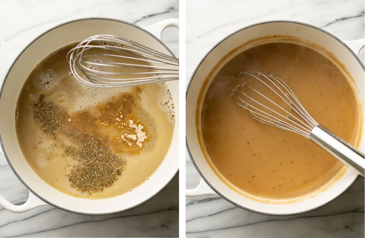 whisking seasoning into a pot with brown gravy