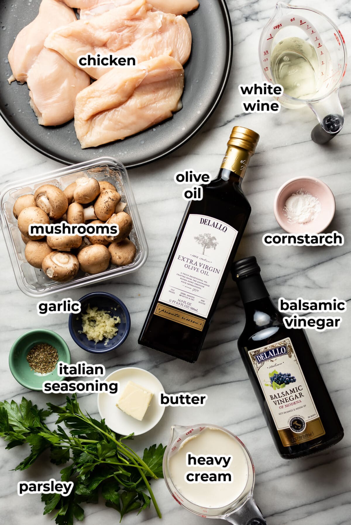 ingredients for balsamic chicken in prep bowls