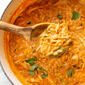 a dutch oven with creamy tomato orzo with chicken and a wooden spoon