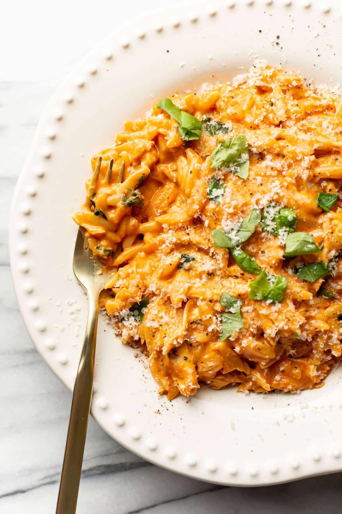 a shallow bowl with creamy tomato orzo and chicken with a fork