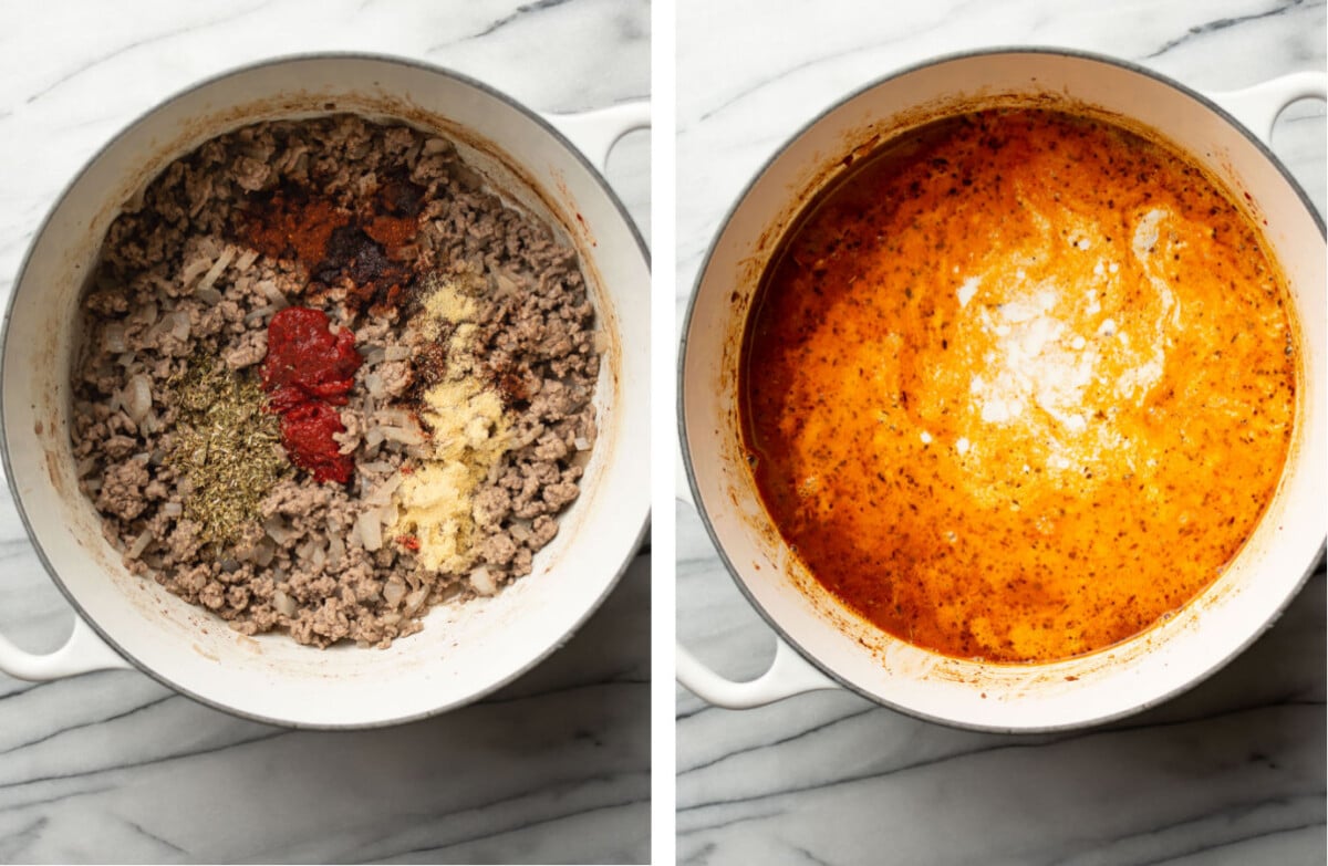 cooking ground beef in a soup pot and adding sauce ingredients for pasta