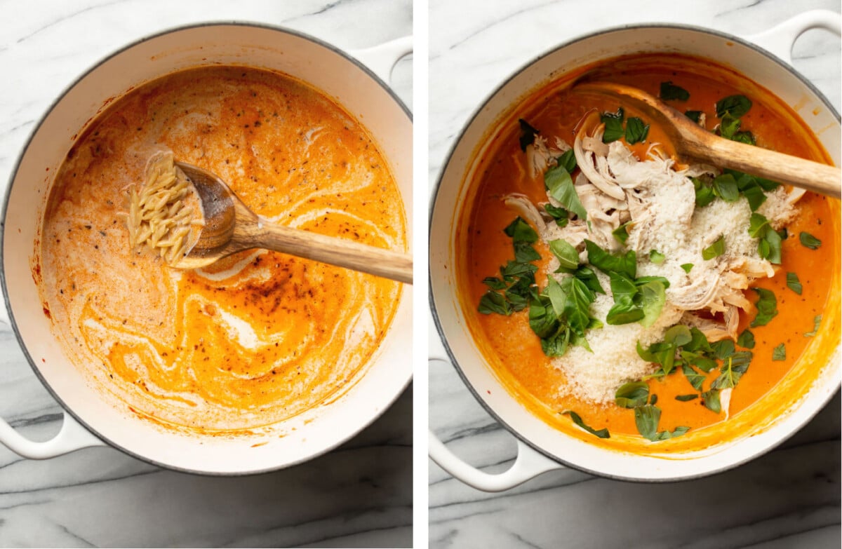 stirring creamy tomato orzo in a dutch oven with a wooden spoon and adding in chicken, parmesan, and basil