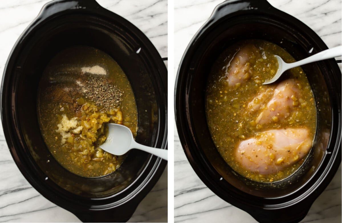 adding salsa verde ingredients to a slow cooker and placing chicken in it