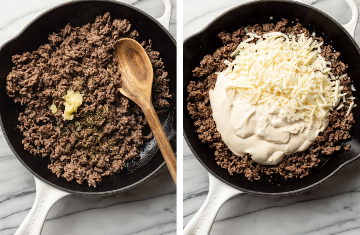 cooking ground beef in a skillet and adding in alfredo sauce