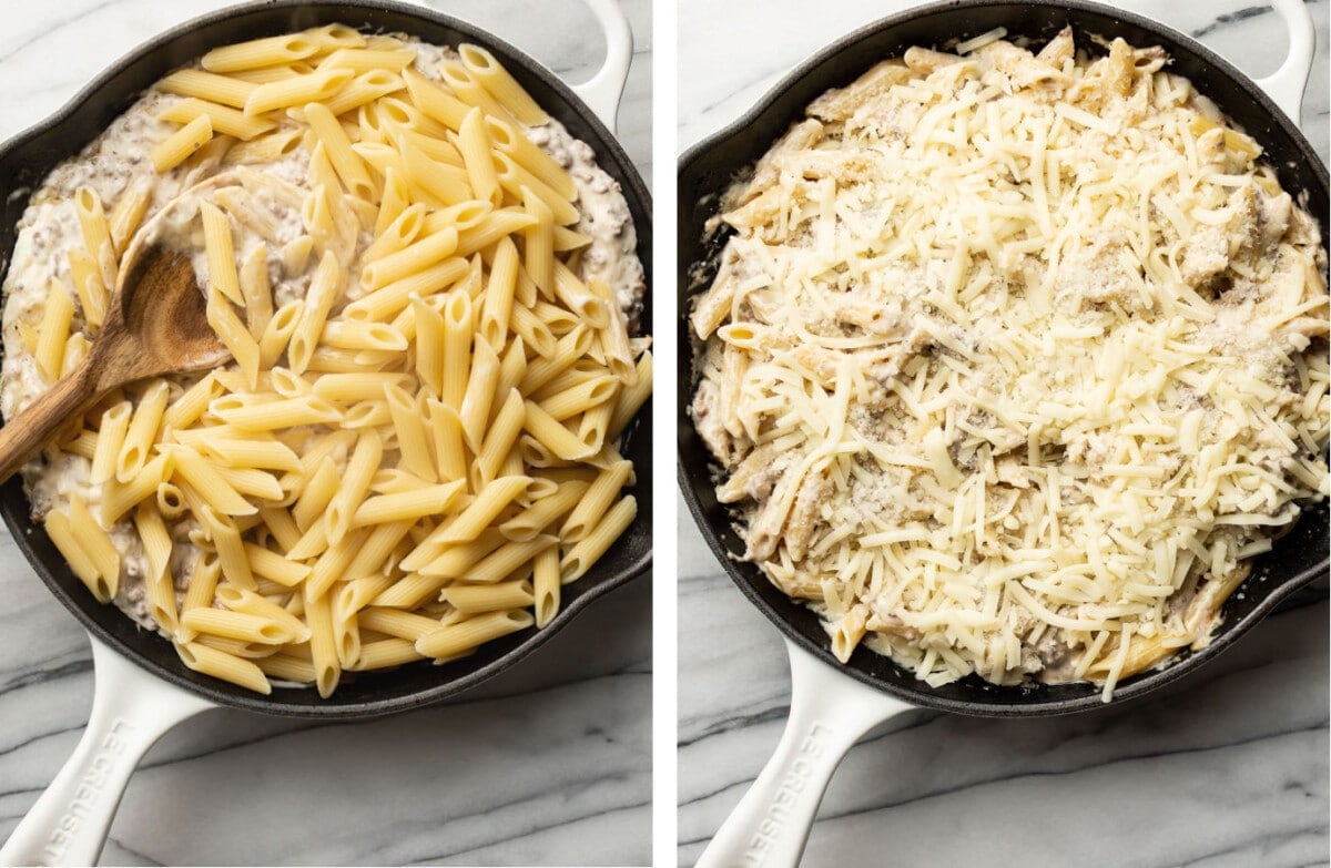 stirring pasta into a skillet with ground beef and topping with cheese