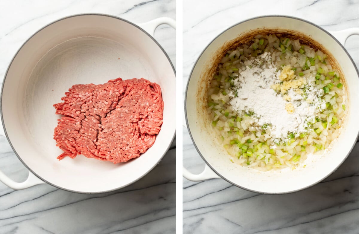 browning ground beef in a soup pot and sauteing onion and celery and adding flour