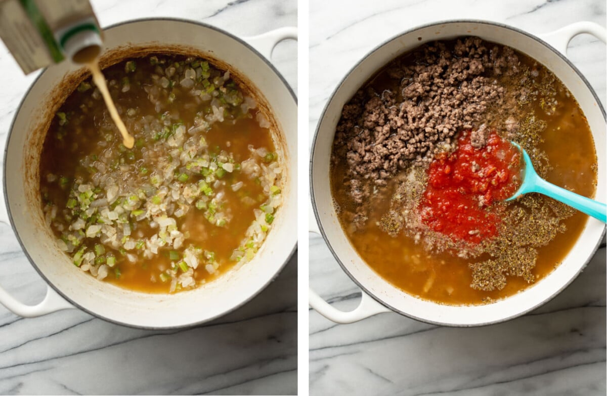 adding broth to a soup pot and stirring in tomatoes and ground beef