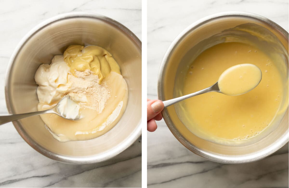 combining ingredients for homemade honey mustard dipping sauce in a prep bowl with a spoon