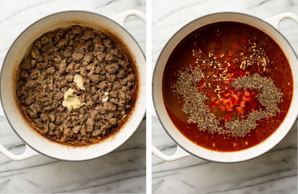 browning italian sausage in a soup pot and adding ingredients to make a tomato broth