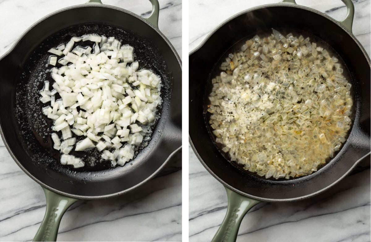 sauteing onion in a skillet and adding white wine and garlic