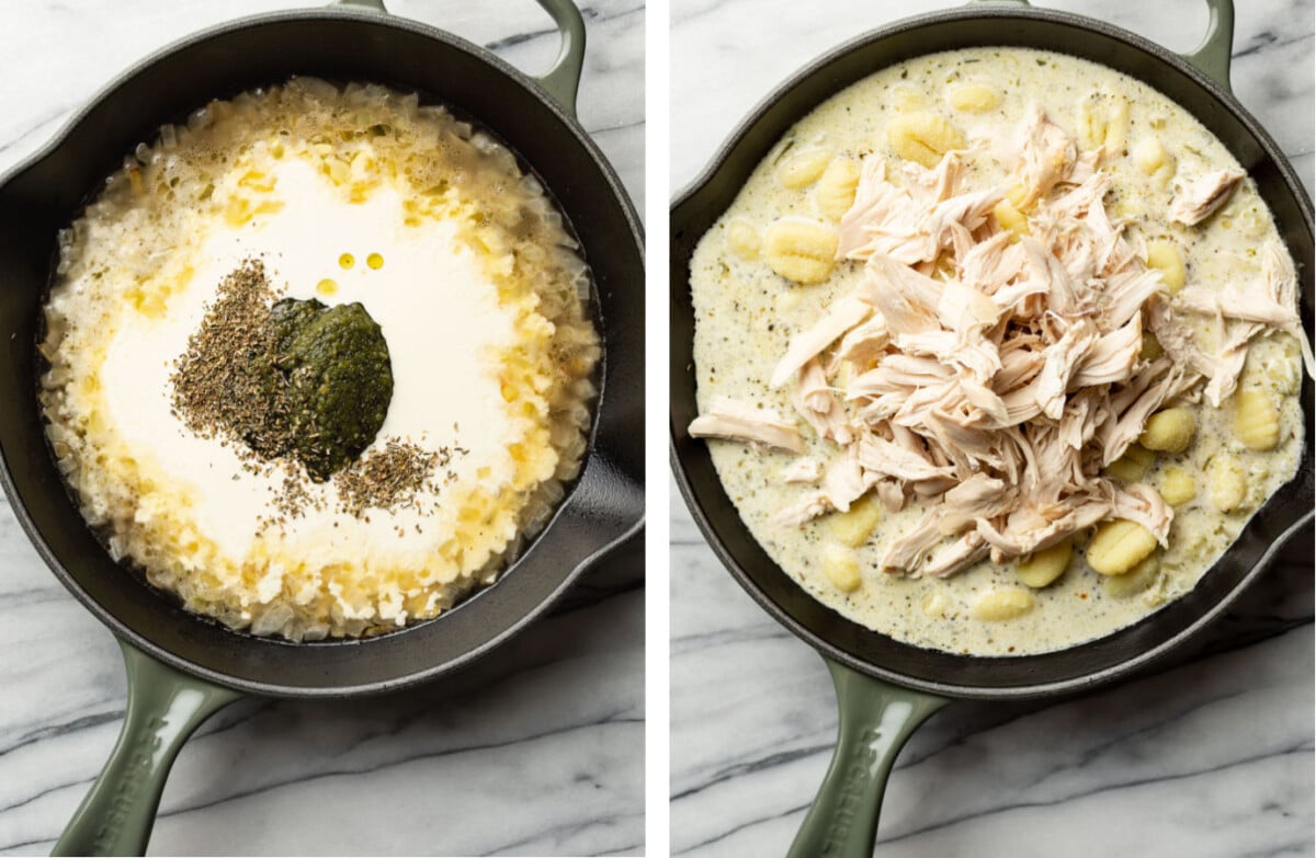 adding pesto, cream, and chicken to a gnocchi bake in a skillet