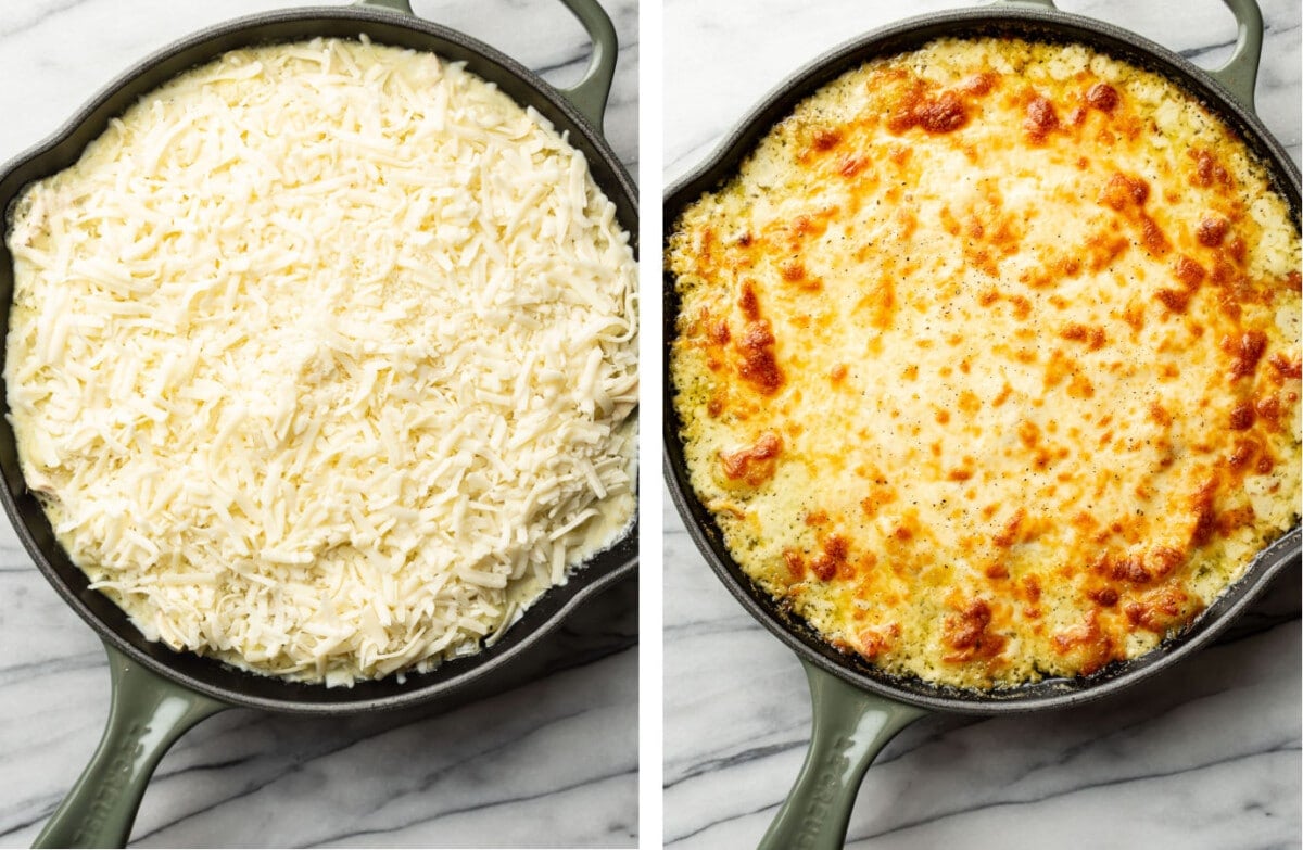 pesto chicken gnocchi bake in a skillet before and after baking