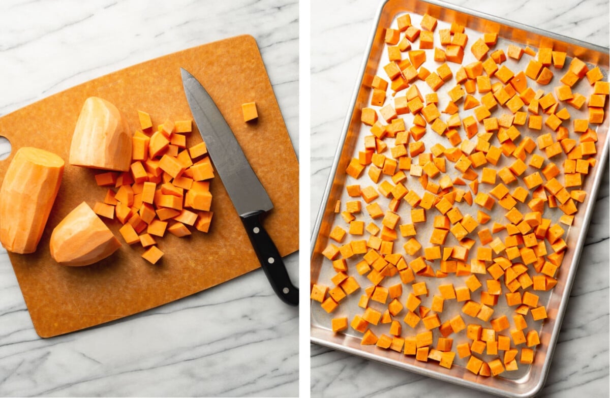 cutting up sweet potatoes on a board and adding to a baking sheet