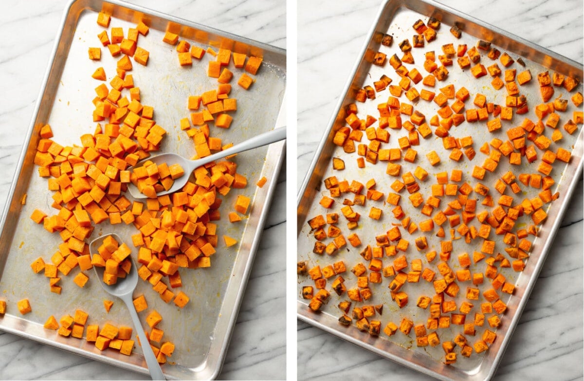 tossing sweet potato cubes on a baking sheet then roasting them