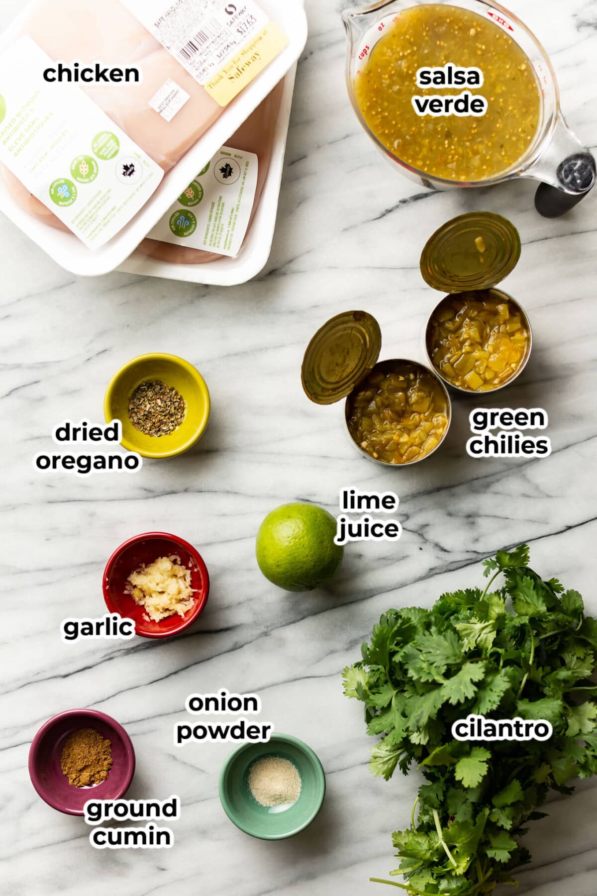 ingredients for crockpot salsa verde chicken in prep bowls