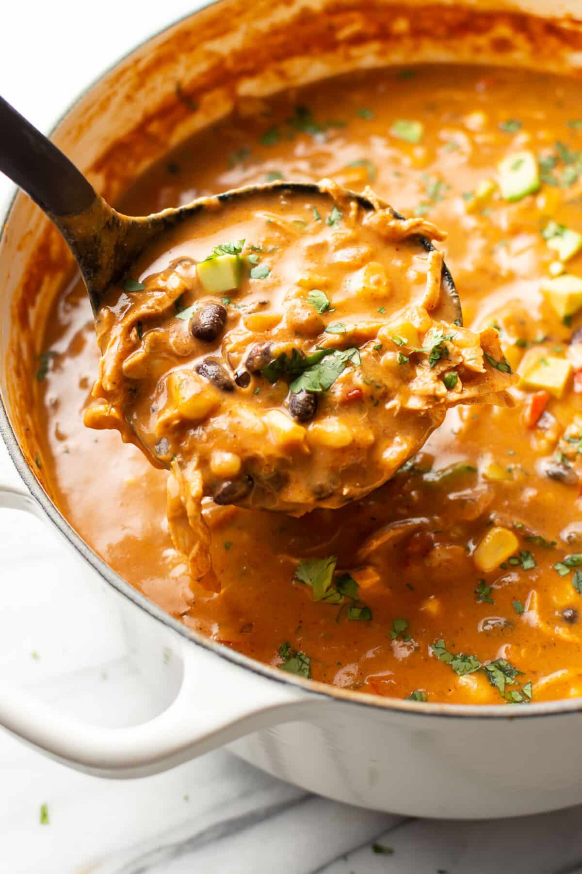 a dutch oven with chicken enchilada soup and a ladle