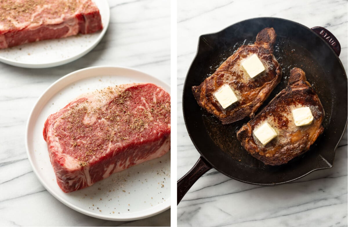 raw ribeye steaks on plates next to a skillet with pan seared ribeye steaks