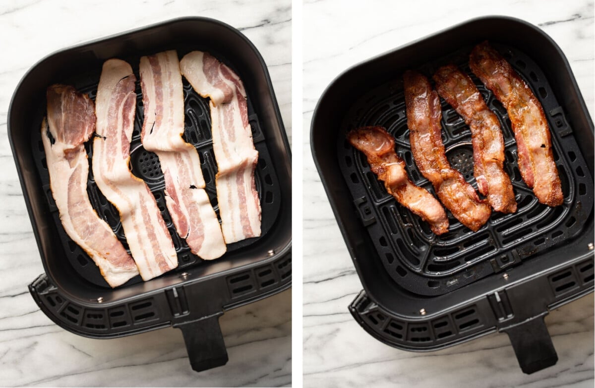 bacon in an air fryer basket before and after cooking