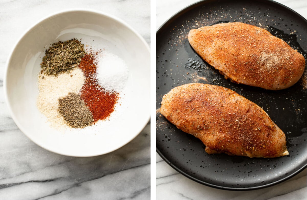 making a seasoning rub in a prep bowl and adding it to chicken breasts